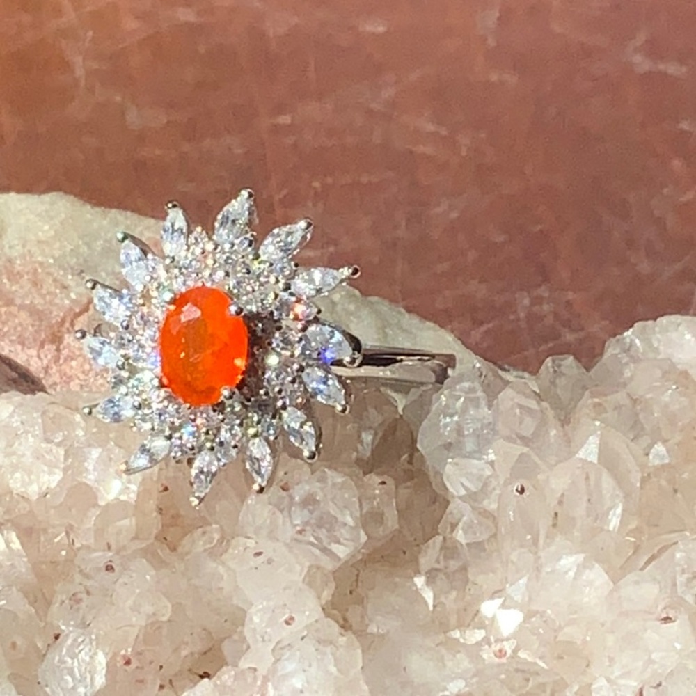FIRE OPAL & CUBIC ZIRCONIA 925 STERLING SILVER RING, SIZE 9